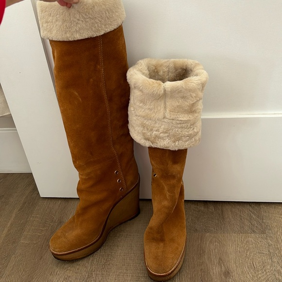 Used- YSL genuine shearling suede wedge boots - Picture 2 of 16